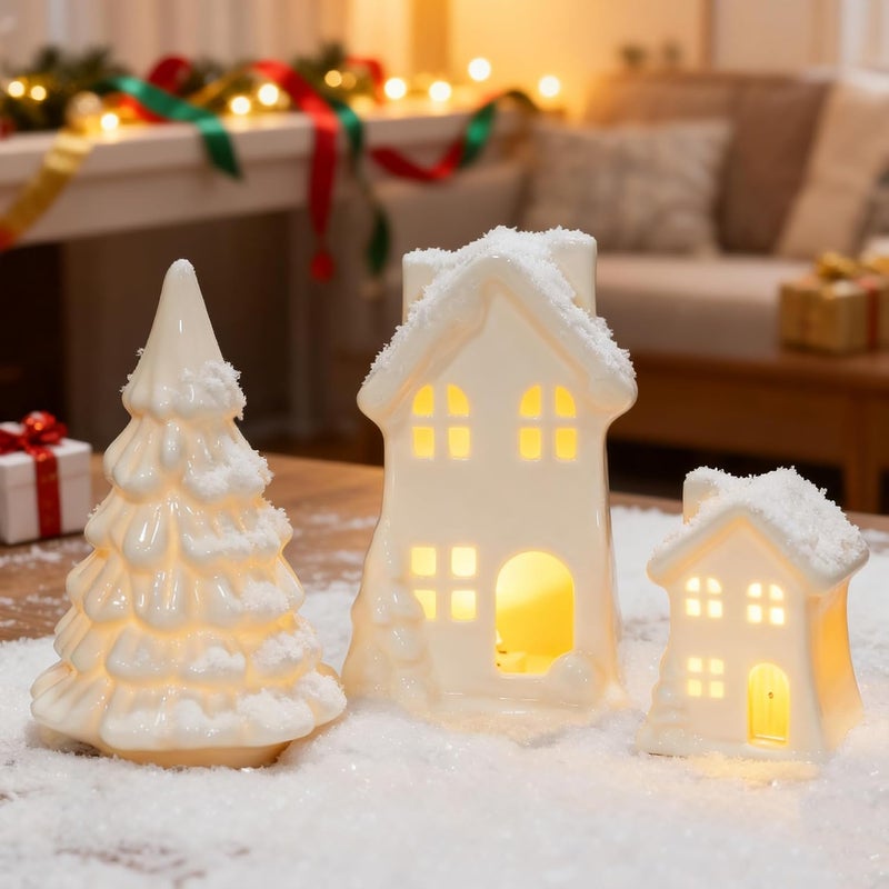 NEROSUN Ceramic Christmas Village Houses, 3Pcs LED Lighted Porcelain White Small House and Xmas Tree Tabletop Figurines, Light Up Christmas Decorations for Home Shelf Cabinet Table Winter Decor - Image 3